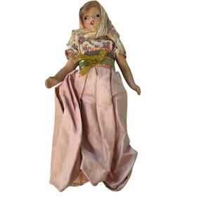 Vintage 1930s Polish Ceramic and Stuffed Doll Moveable Arms Pink Dress